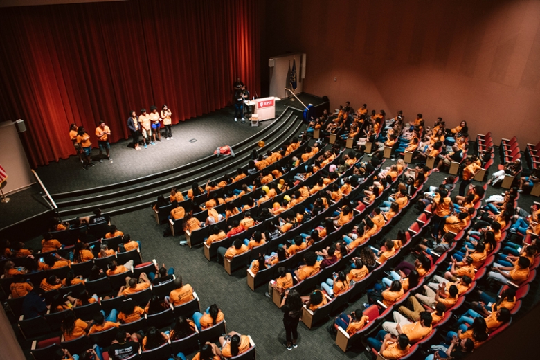 Overhead photo ofstudents in auditorium 